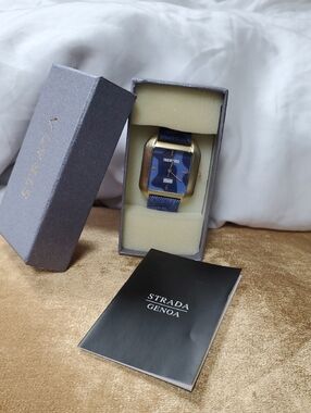 Strada Gold-Tone Case Blue Dial Watch with Blue Strap